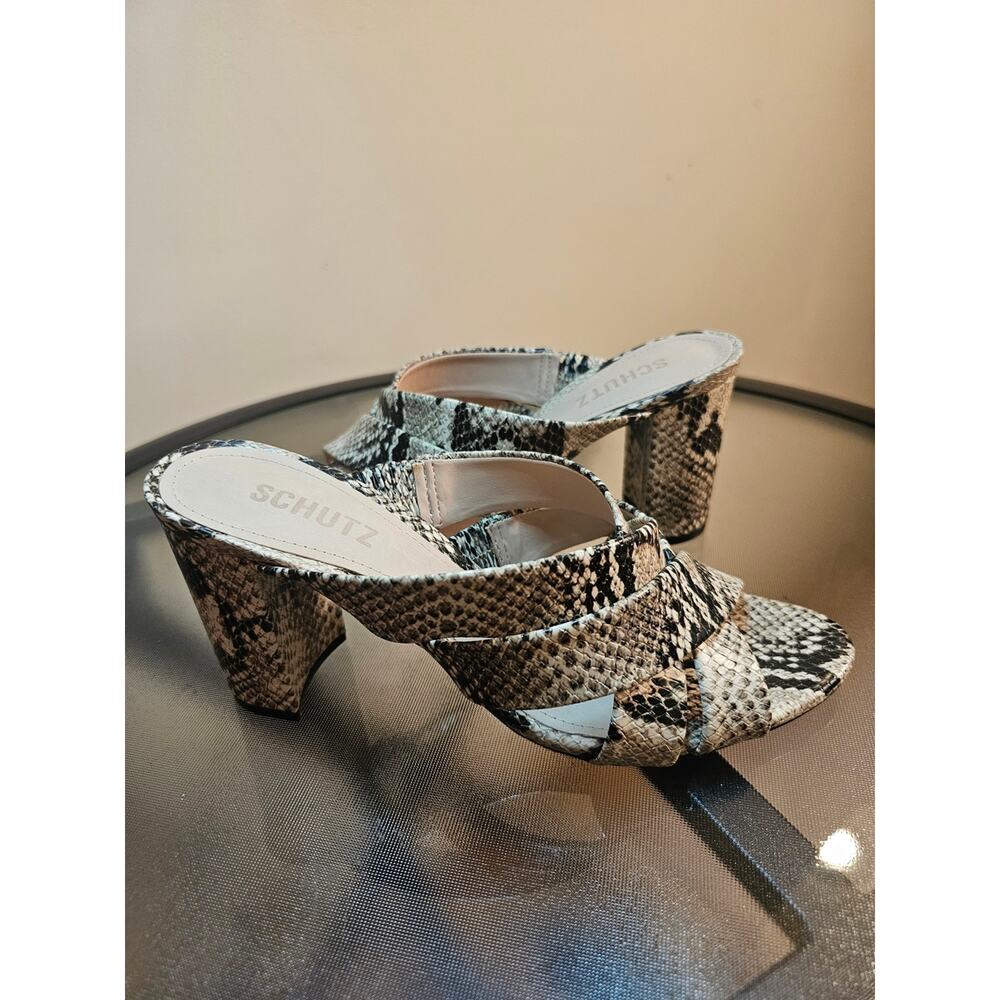 Schutz Women's Snake Print Slide Heels in Neutral